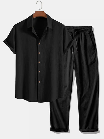 Crinkled Textured Button Up Shirt & Straight Leg Pants