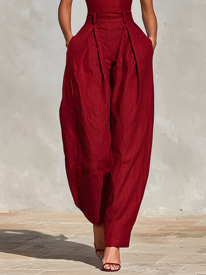 Red Linen Spaghetti Strap High-Waist Jumpsuit