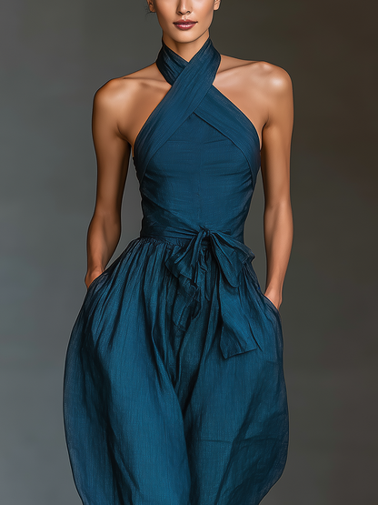 Navy Linen Cross Halter Wide-Leg Jumpsuit
