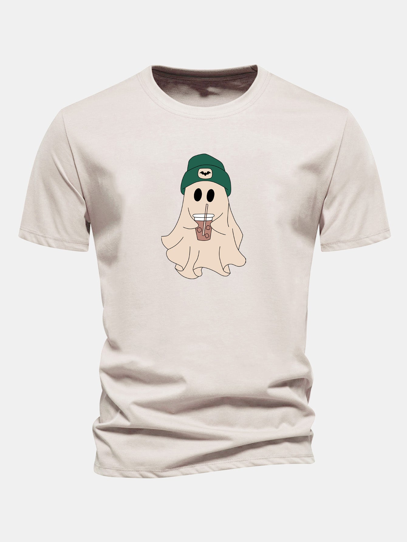 Regular Fit Darkgreen Hat Ghost Print Cotton T-Shirt