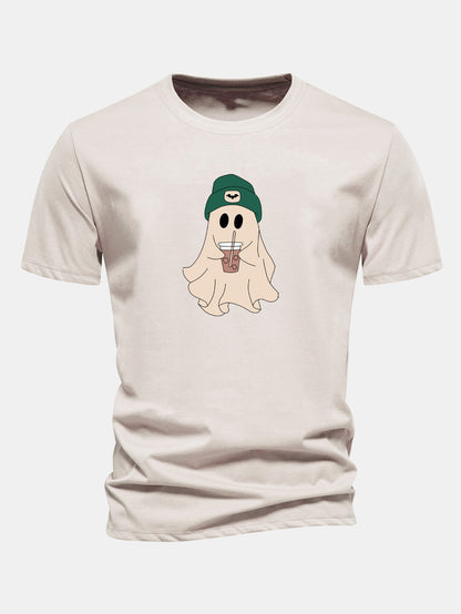 Regular Fit Darkgreen Hat Ghost Print Cotton T-Shirt