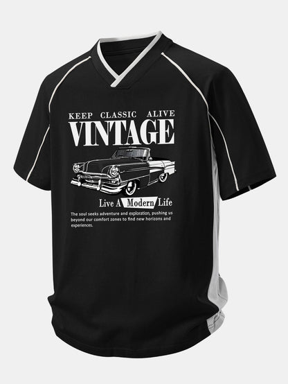 Vintage Car Print Contrast Piping V-Neck Raglan Sleeve T-Shirt