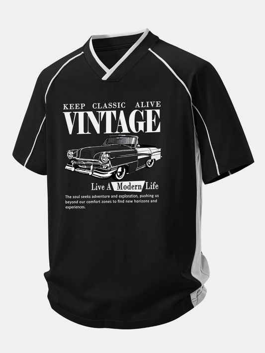 Vintage Car Print Contrast Piping V-Neck Raglan Sleeve T-Shirt