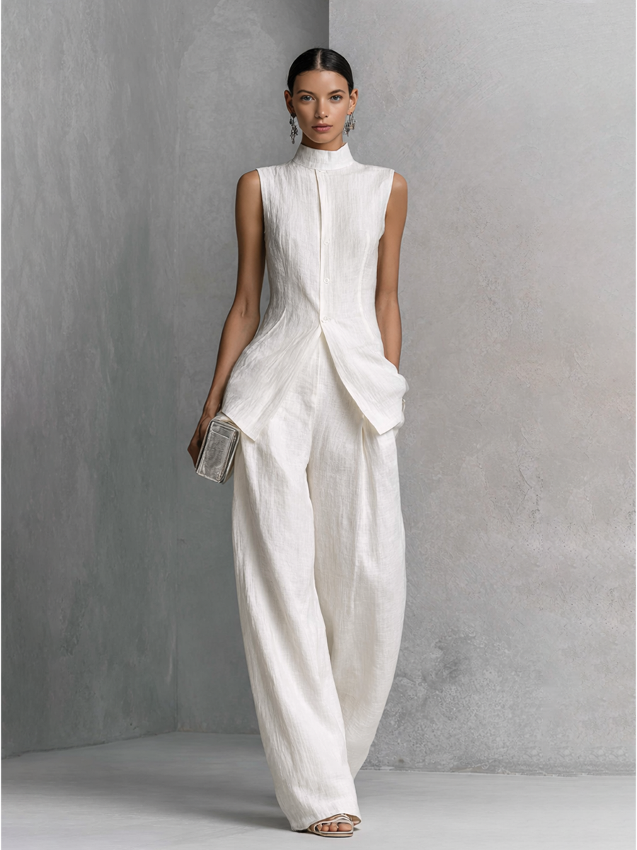 White Cotton-Linen Sleeveless Top & Wide-Leg Pants Set