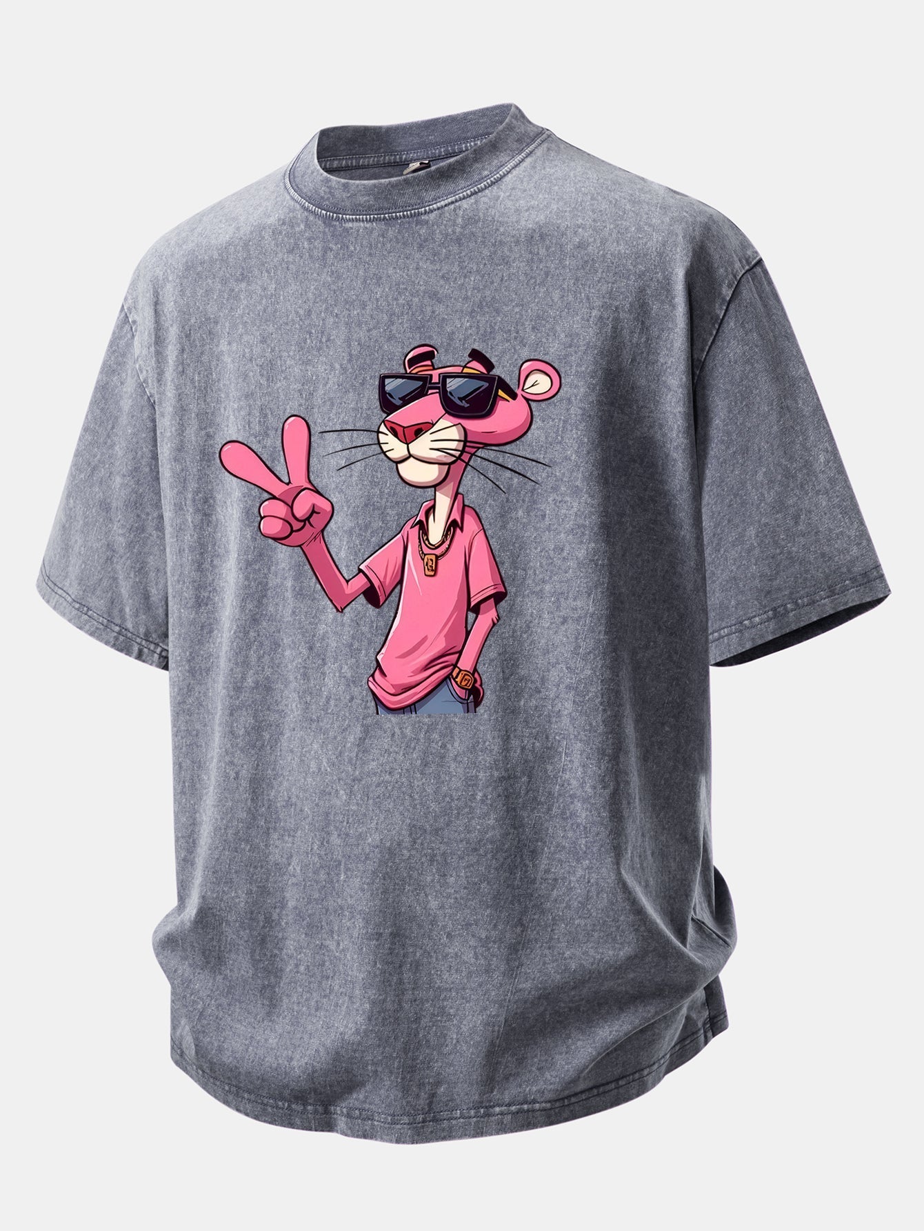 Pink Panther With V Sign Print Washed Distressed Drop Shoulder T-Shirt