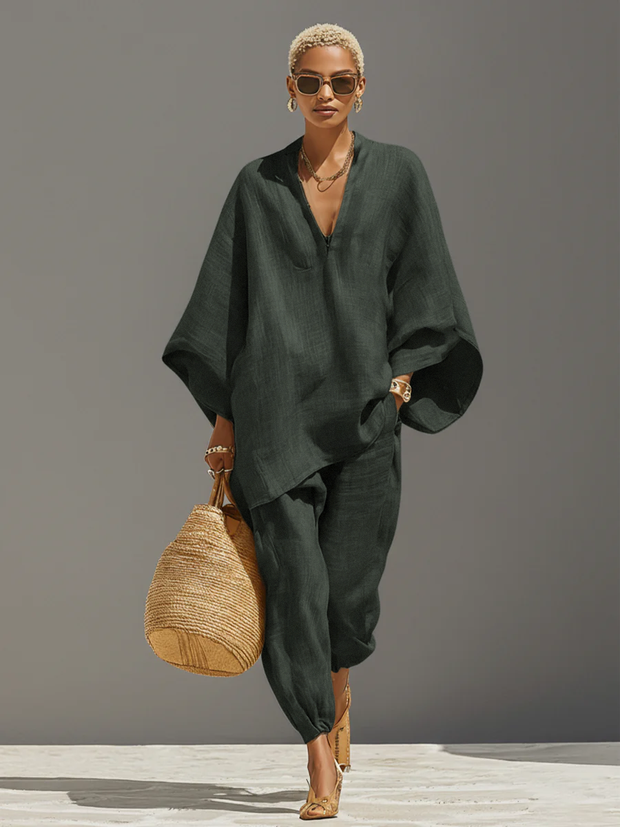 Neutral Linen Asymmetric Hem Co-ord Set