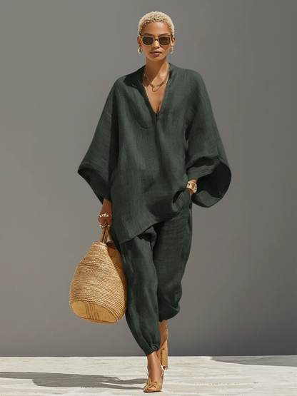 Neutral Linen Asymmetric Hem Co-ord Set