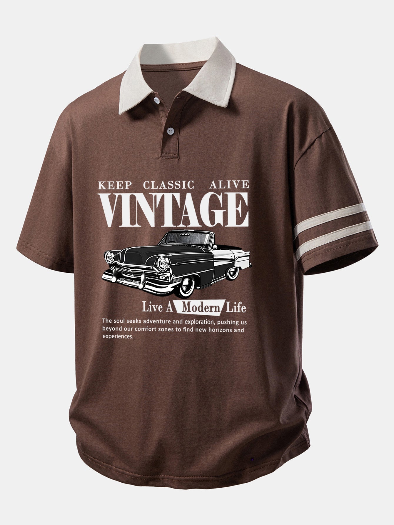 Relax Fit Vintage Car Print Contrast Collar Polo Shirt