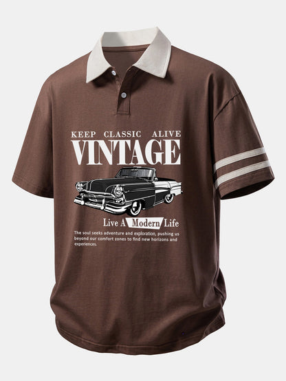 Relax Fit Vintage Car Print Contrast Collar Polo Shirt
