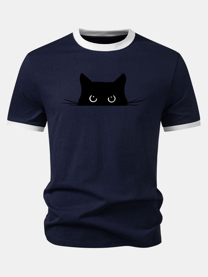 Black Cat Print Contrast Ringer T-Shirt