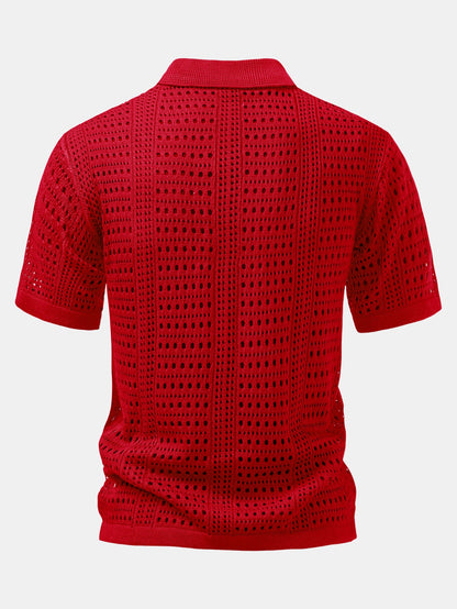 Crochet  V Neck Polo Shirt & Crinkle Textured Straight Leg Pants