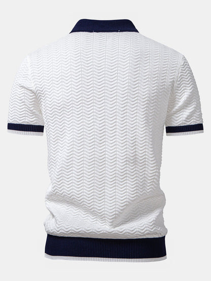 Texture Contrast Knitted V Neck Polo Shirt & Elastic Waist Chino Shorts
