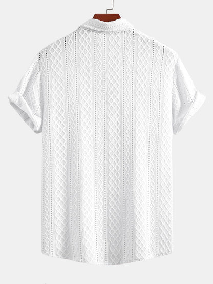 Geometry Rhombus Jacquard Button Up Shirt & Crinkle Textured Drawstring 5" Shorts