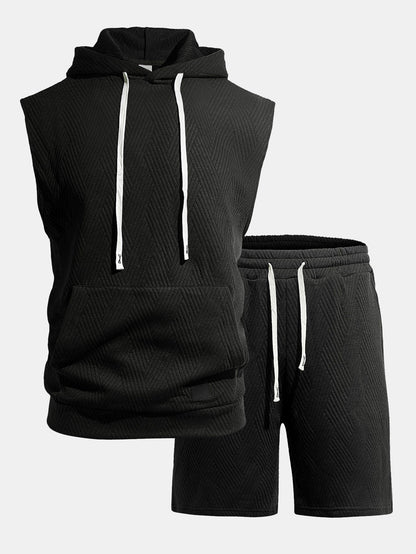 Stripe Textured Sleeveless Hooded T-Shirt & Drawstring Shorts Set