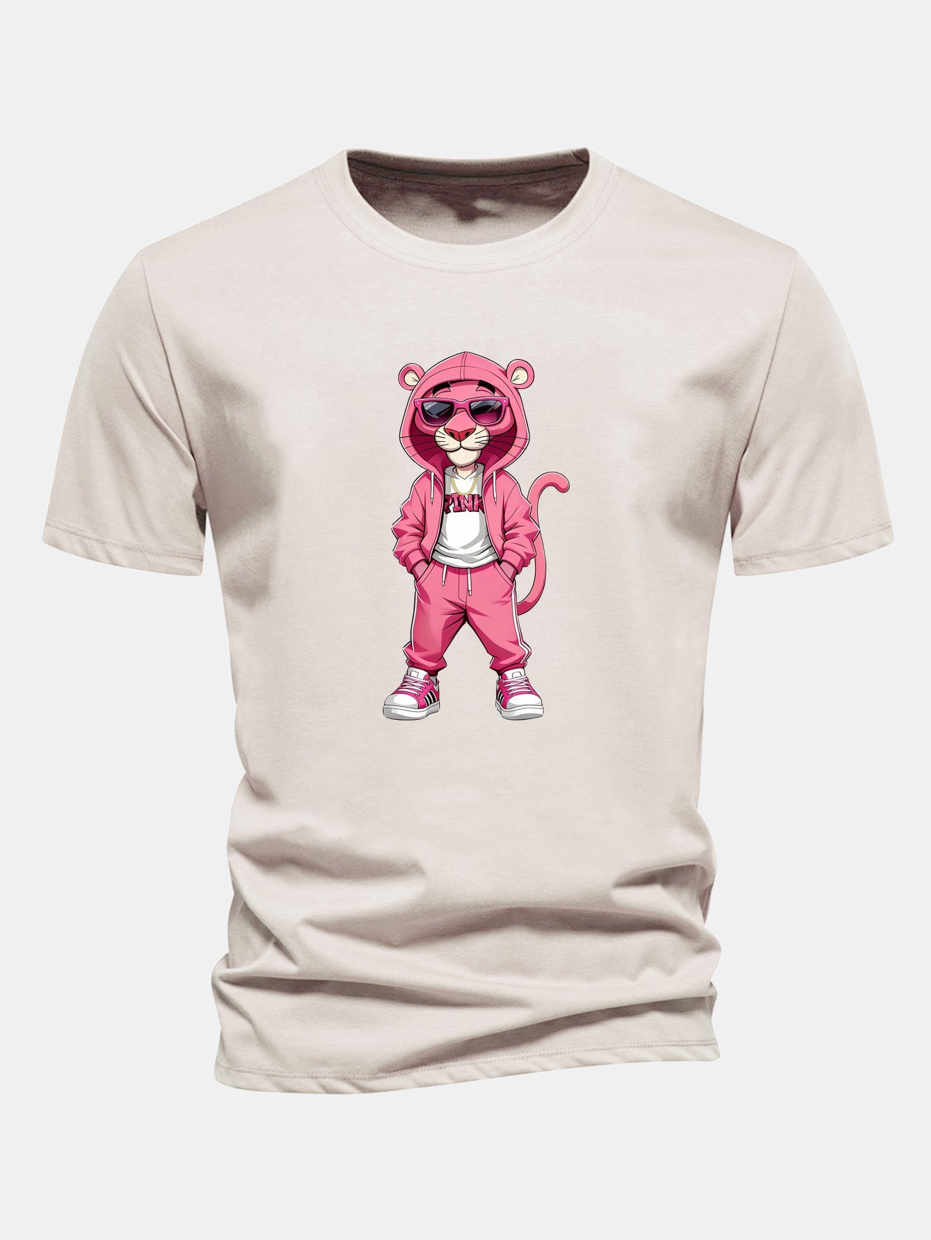 Regular Fit Street Fashion Pink Panther Print Cotton T-Shirt