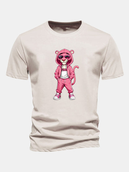 Regular Fit Street Fashion Pink Panther Print Cotton T-Shirt