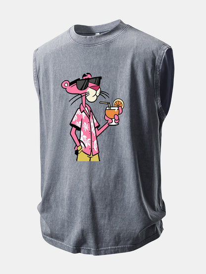 Vacation Pink Panther Print Washed Distressed Tank Top