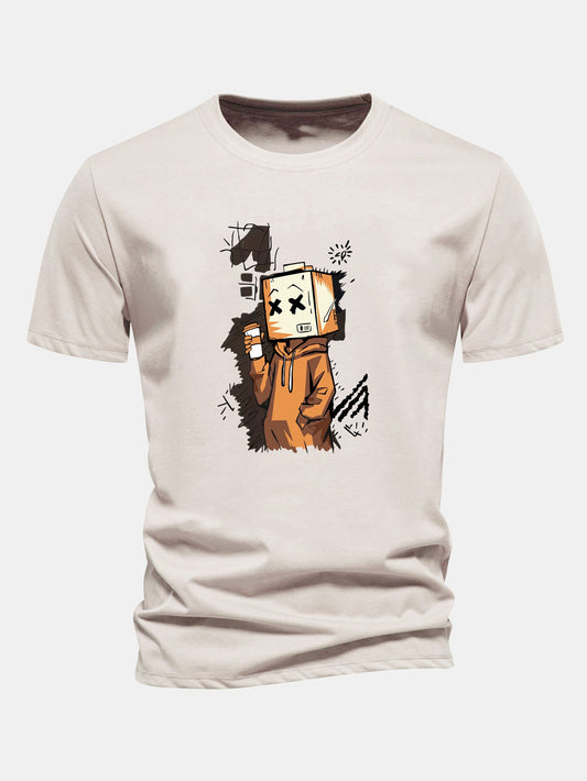 Regular Fit Cartoon Box Head Print Cotton T-Shirt