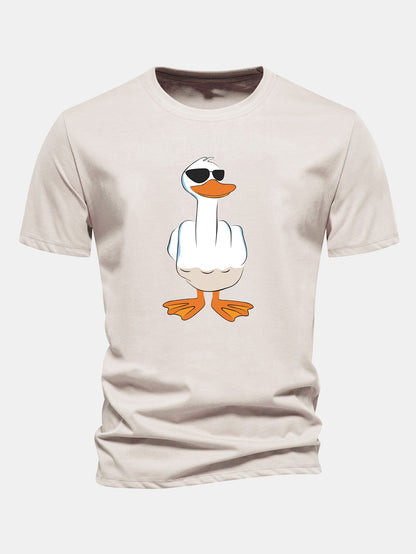 Regular Fit Funny Middle Finger Duck Print Cotton T-Shirt