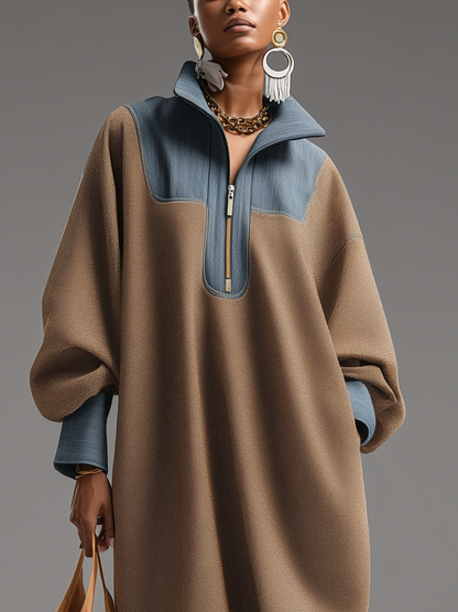Double-Sided Denim Stand Collar Maxi Dress