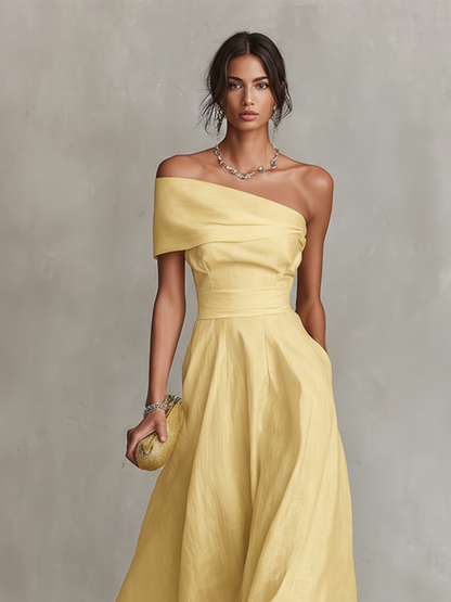 Linen One-Shoulder Fitted Waist Dress