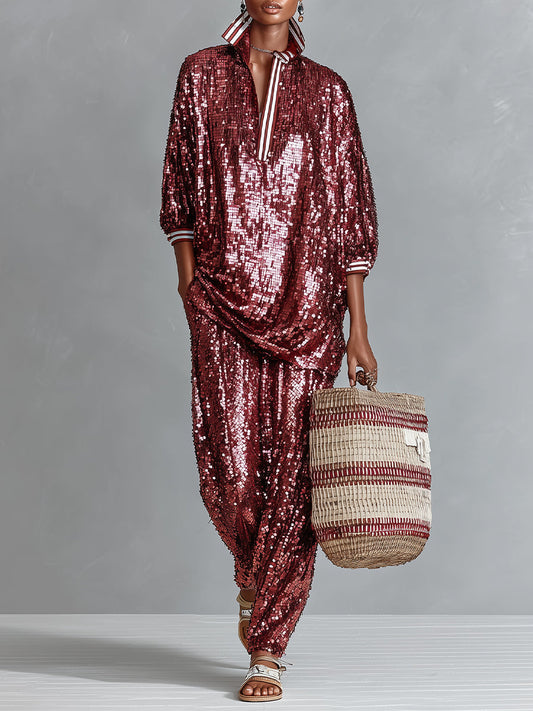 Burgundy Sequin Striped-Trim Oversized Loungewear Set