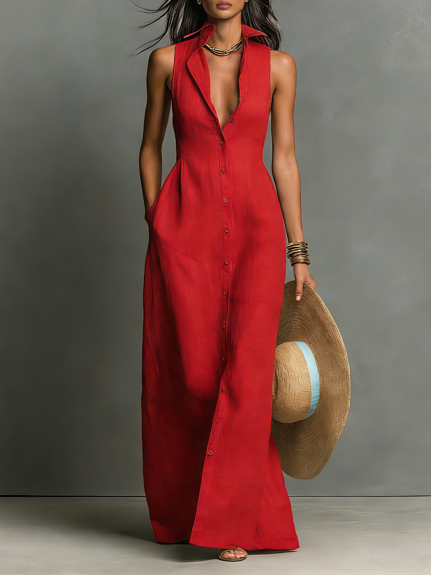 Linen Blend Collared Sleeveless Maxi Shirt Dress