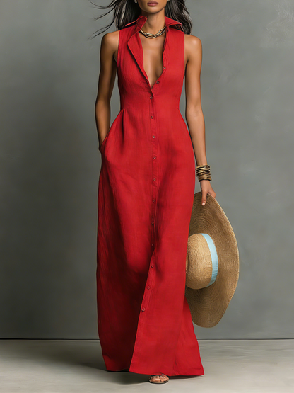 Linen Blend Collared Sleeveless Maxi Shirt Dress