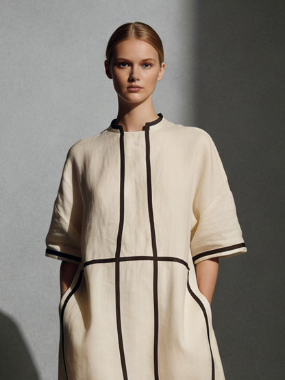 Beige Linen Blend Stand-Collar Contrast-Line Pocketed Maxi Dress