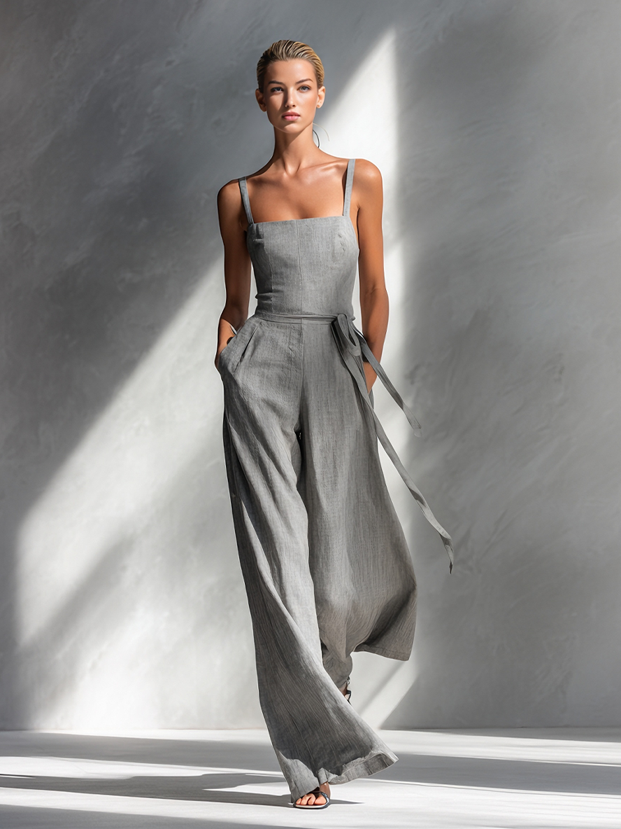 Gray Linen Blend Spaghetti-Strap Square-Neck Tie-Waist Wide-Leg Jumpsuit
