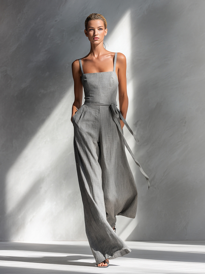 Gray Linen Blend Spaghetti-Strap Square-Neck Tie-Waist Wide-Leg Jumpsuit