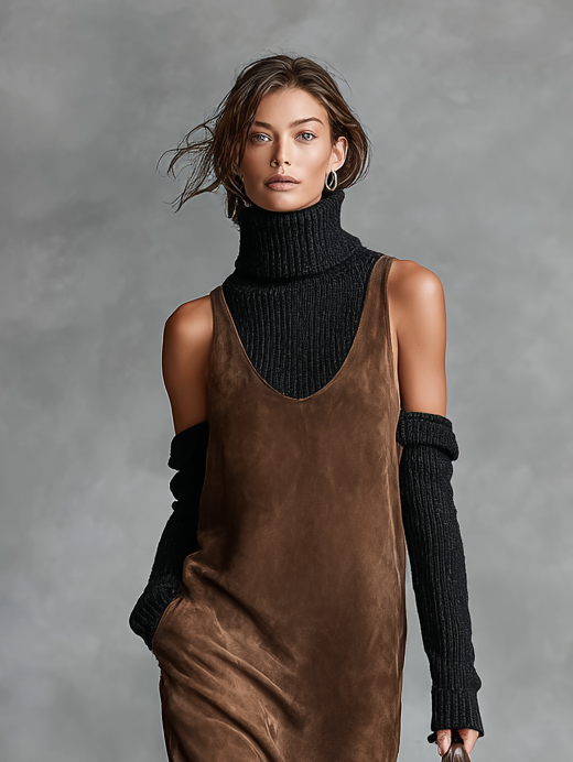 Retro Suede U-Neck Sleeveless Tank Midi Dress