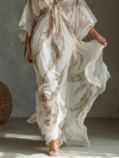 Ivory & Taupe Chiffon Palm Leaf Print Dolman Sleeve Maxi Dress