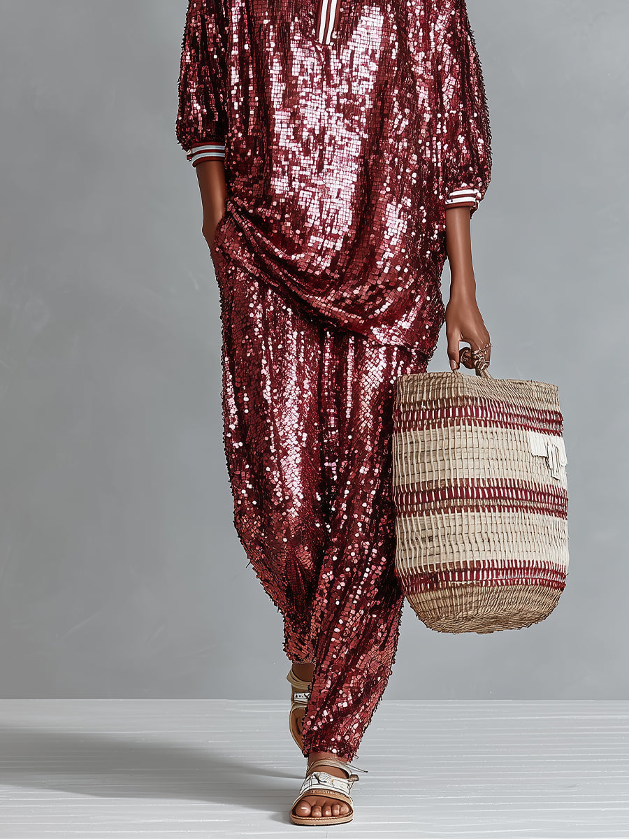 Burgundy Sequin Striped-Trim Oversized Loungewear Set