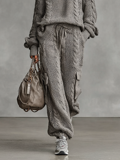 Cable Knit Turtleneck Sweater & Cargo Pants Set