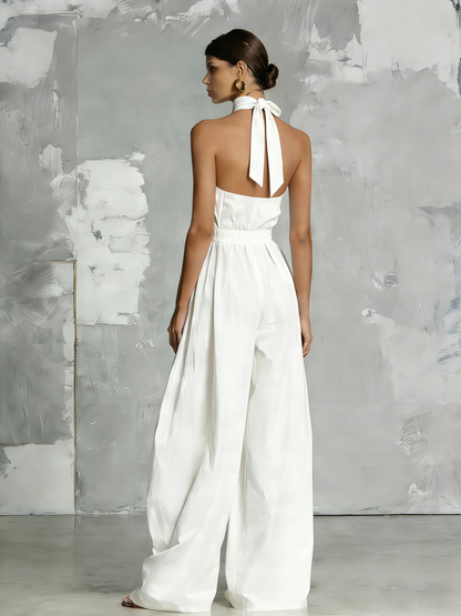 White Woven Sleeveless Halter-Neck Jumpsuit