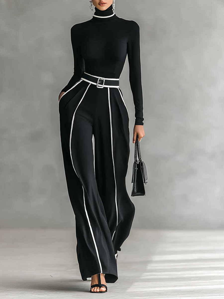 White Trim Turtleneck Long Sleeve Top & Wide-Leg Pants Set