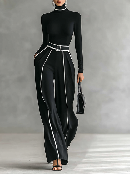 White Trim Turtleneck Long Sleeve Top & Wide-Leg Pants Set