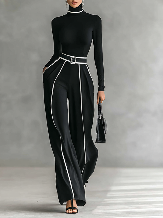 White Trim Turtleneck Long Sleeve Top & Wide-Leg Pants Set