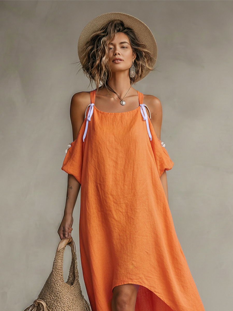 Tangerine Linen Cold-Shoulder High-Low Hem Boho Dress