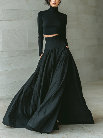 Black Fitted Turtleneck Crop Top & Long Skirt Set