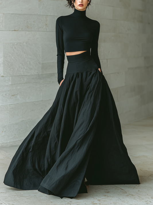 Black Fitted Turtleneck Crop Top & Long Skirt Set