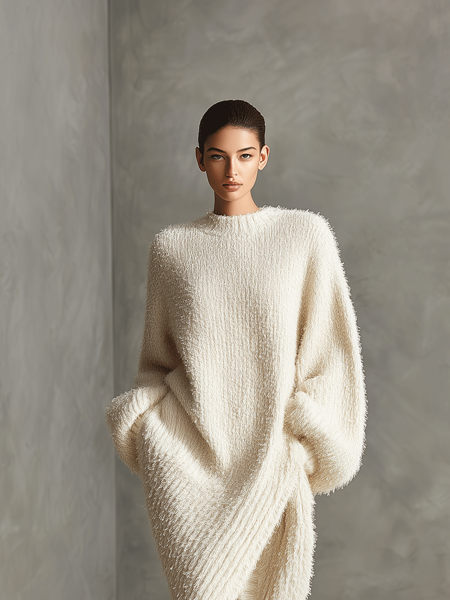 Cream Faux Mink Knit Asymmetric Slit Midi Dress