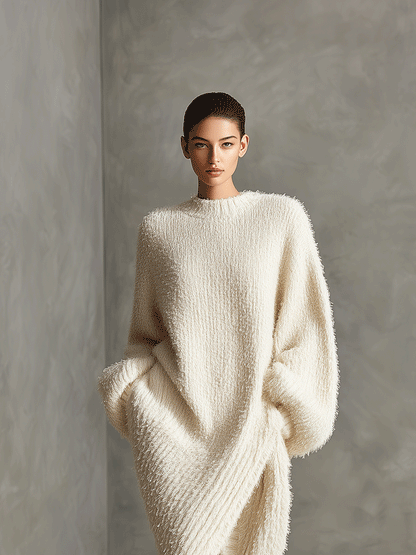 Cream Faux Mink Knit Asymmetric Slit Midi Dress