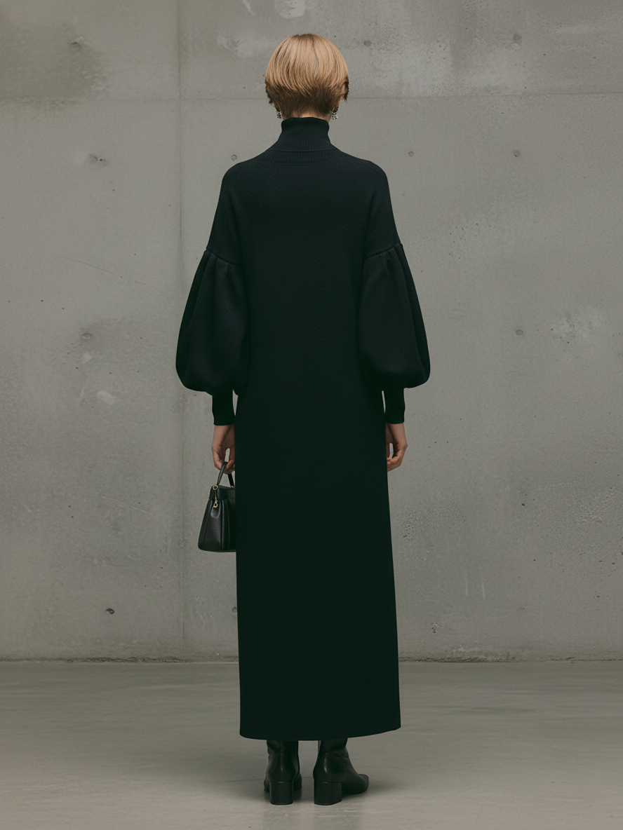Turtleneck Puff-Sleeve Sweatshirt Maxi Dress