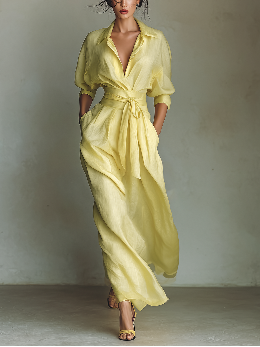 Lemon Yellow Cotton-Linen Tie Waist Maxi Shirt Dress