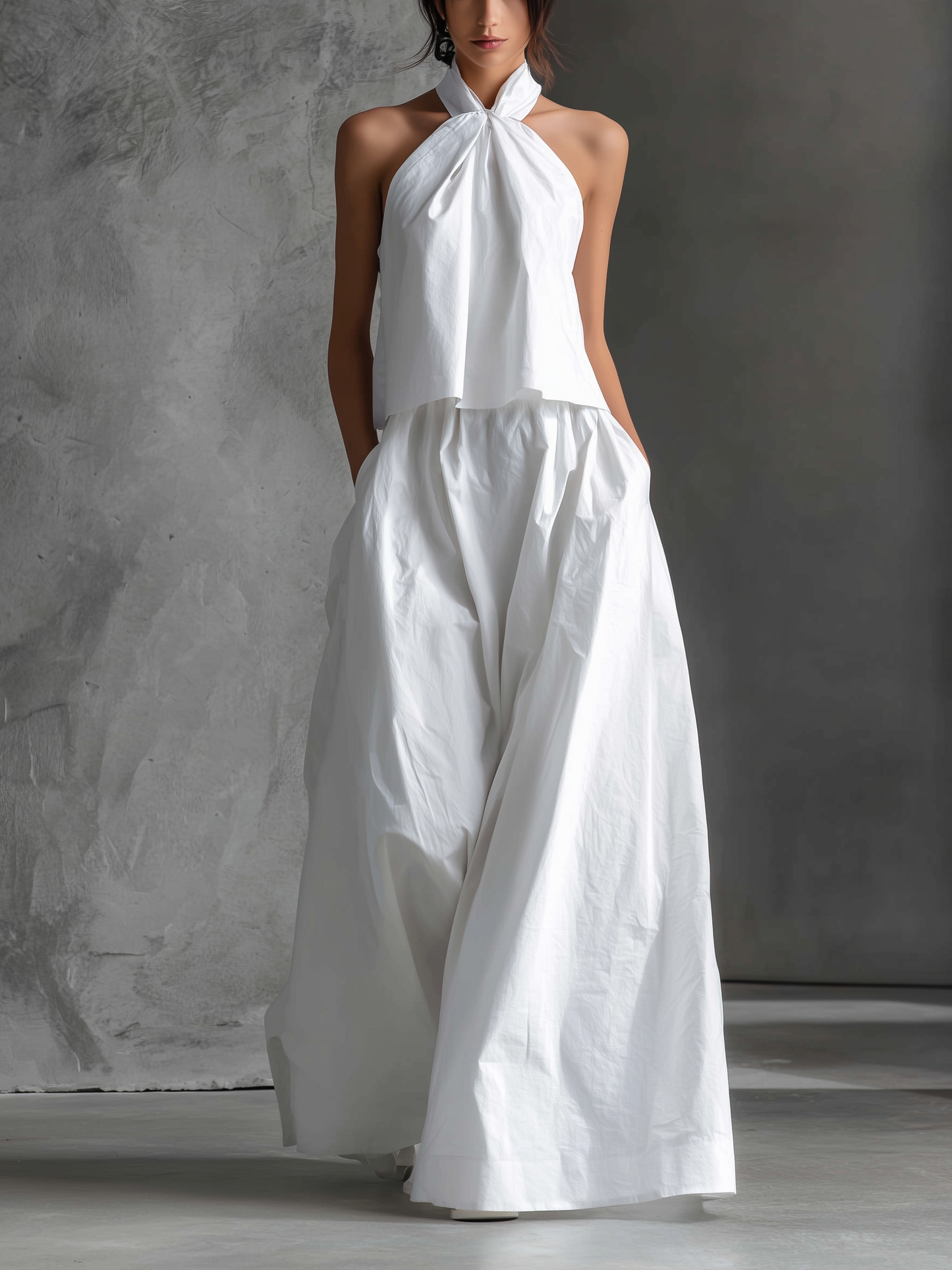 White Cotton-Linen Halter-Neck Top & Skirt Set