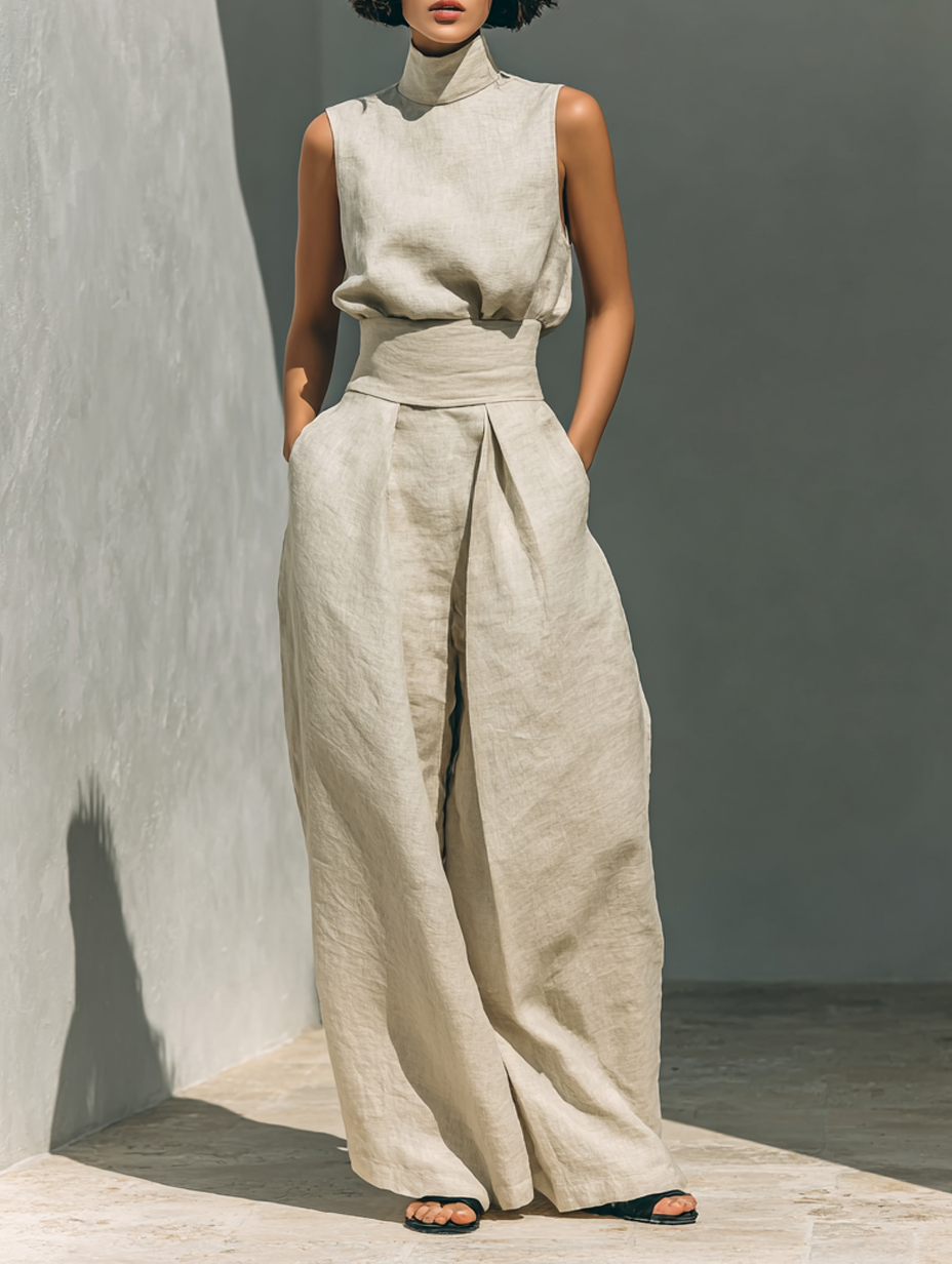 Cotton-Linen Sleeveless Blouse & Wide-Leg Pants Set
