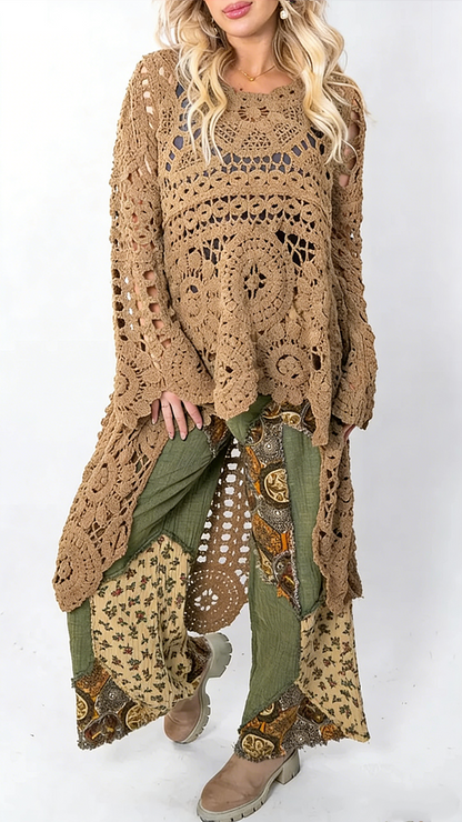 Top casual lungo da donna con scollo rotondo e dettagli traforati