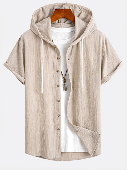 Short Sleeve Linen Look Hooded Shirt